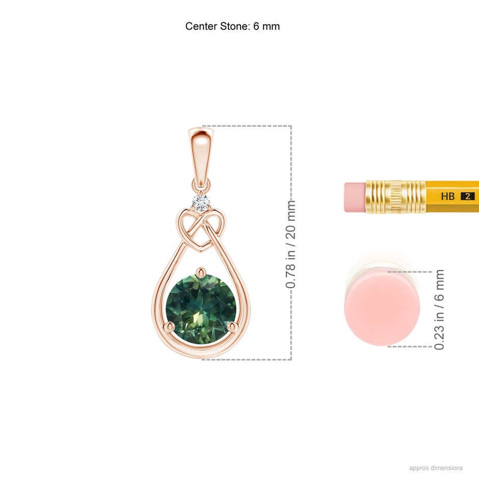 6mm AA Teal Montana Sapphire Knotted Heart Pendant with Diamond in Rose Gold ruler