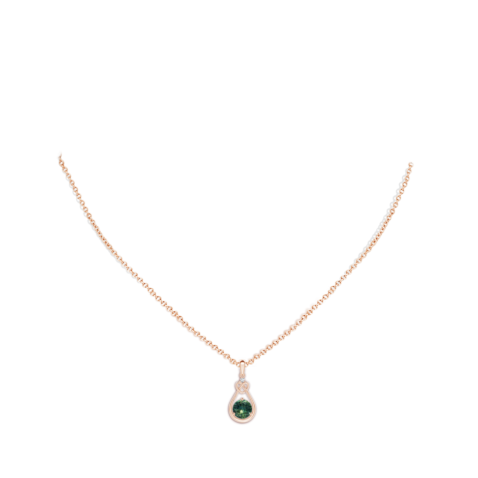 6mm AA Teal Montana Sapphire Knotted Heart Pendant with Diamond in Rose Gold body-neck