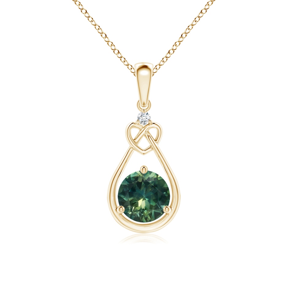6mm AA Teal Montana Sapphire Knotted Heart Pendant with Diamond in Yellow Gold 