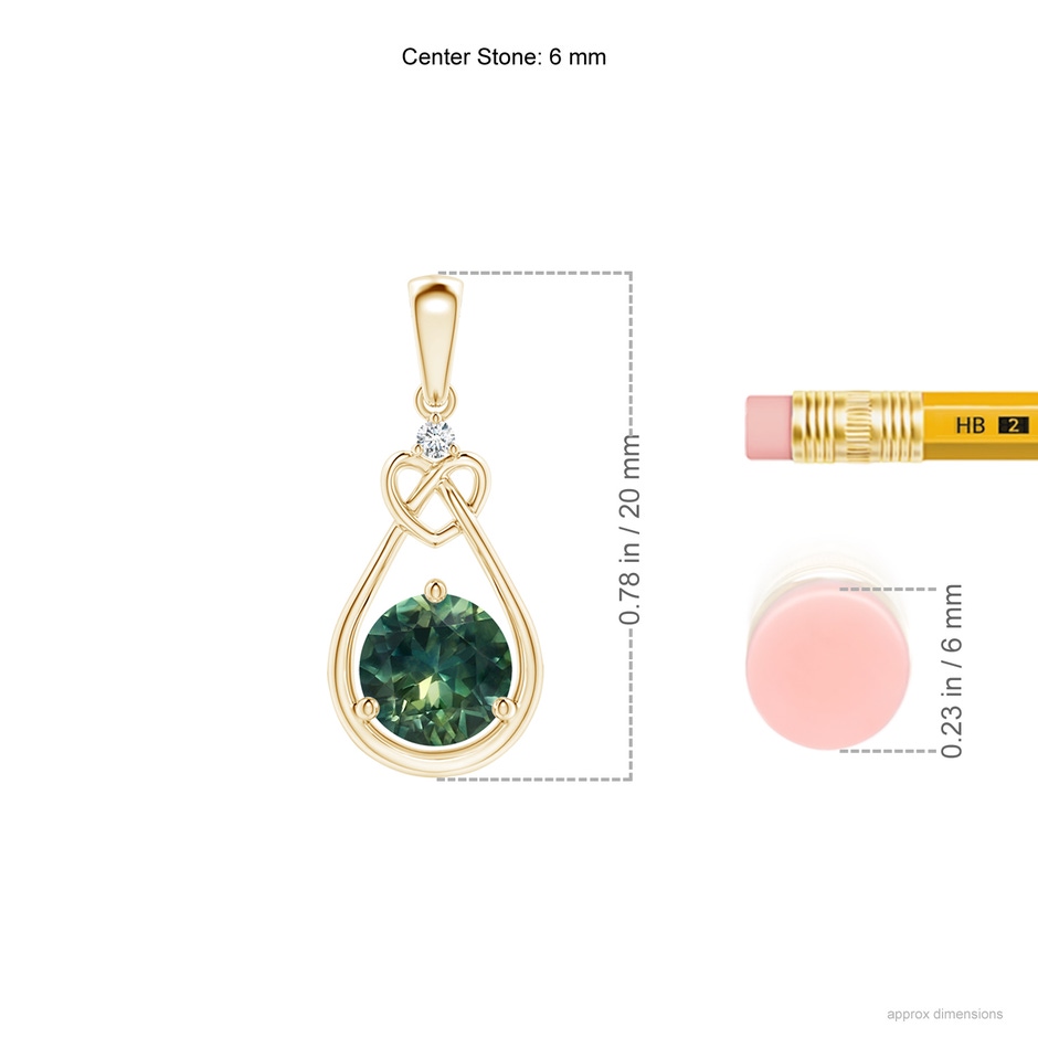 6mm AA Teal Montana Sapphire Knotted Heart Pendant with Diamond in Yellow Gold ruler