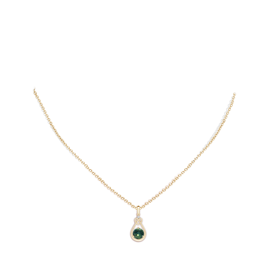 6mm AA Teal Montana Sapphire Knotted Heart Pendant with Diamond in Yellow Gold body-neck