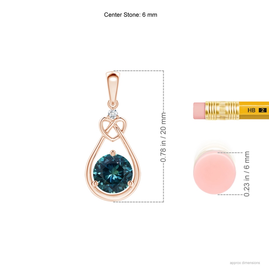 6mm AAA Teal Montana Sapphire Knotted Heart Pendant with Diamond in Rose Gold ruler