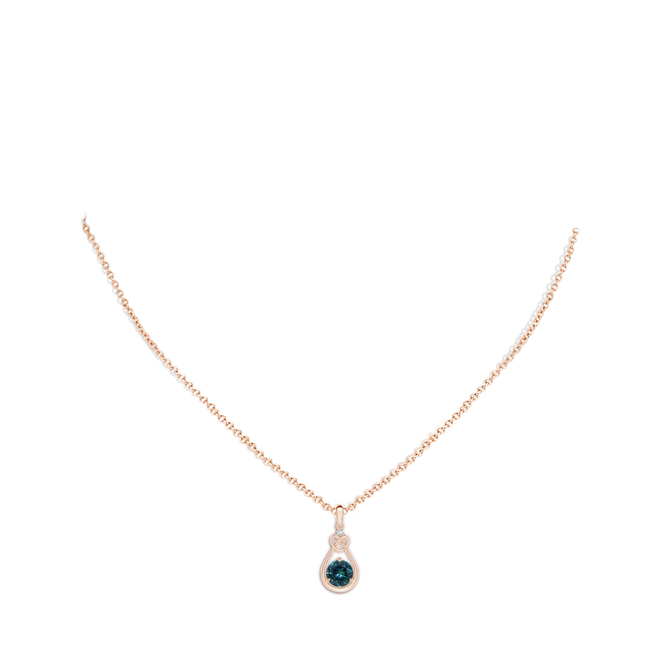 6mm AAA Teal Montana Sapphire Knotted Heart Pendant with Diamond in Rose Gold body-neck