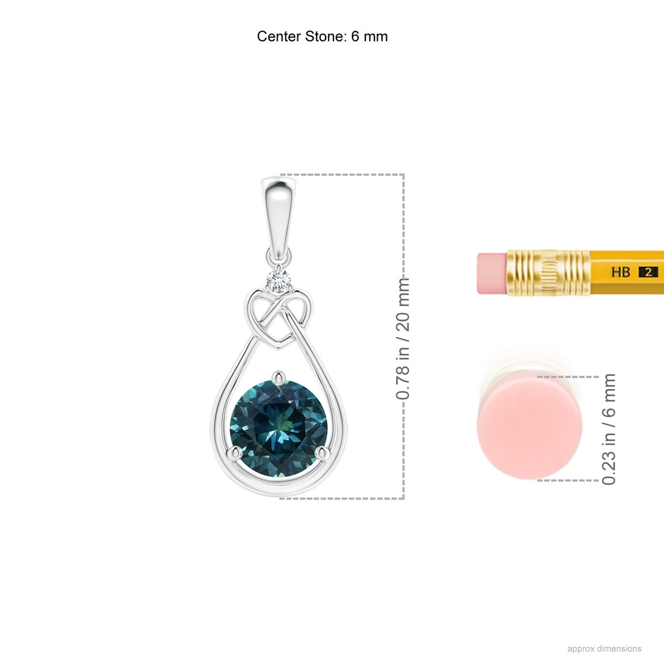 6mm AAA Teal Montana Sapphire Knotted Heart Pendant with Diamond in White Gold ruler
