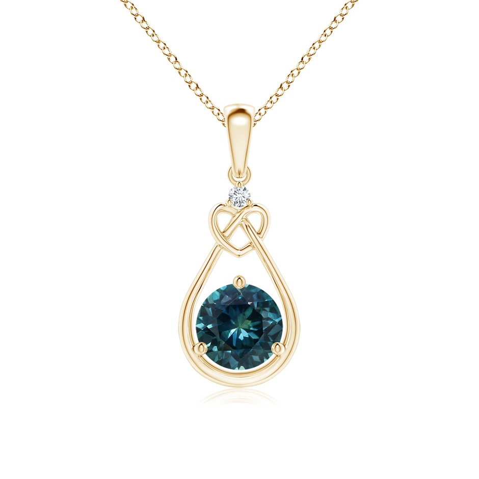 6mm AAA Teal Montana Sapphire Knotted Heart Pendant with Diamond in Yellow Gold 