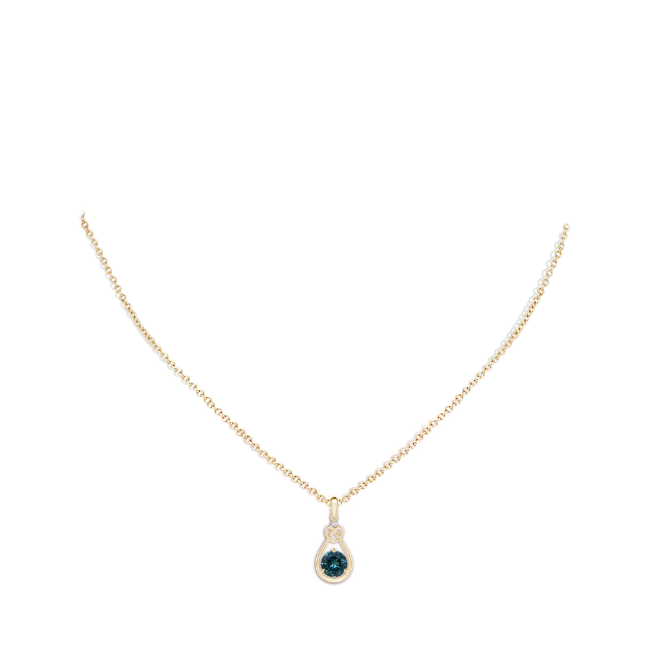 6mm AAA Teal Montana Sapphire Knotted Heart Pendant with Diamond in Yellow Gold body-neck