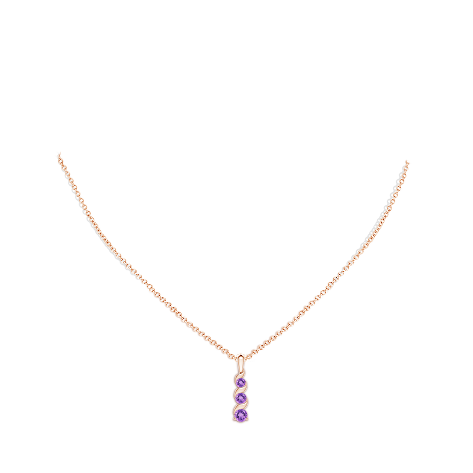 4mm A Channel-Set Round Amethyst Three Stone Journey Pendant in Rose Gold body-neck