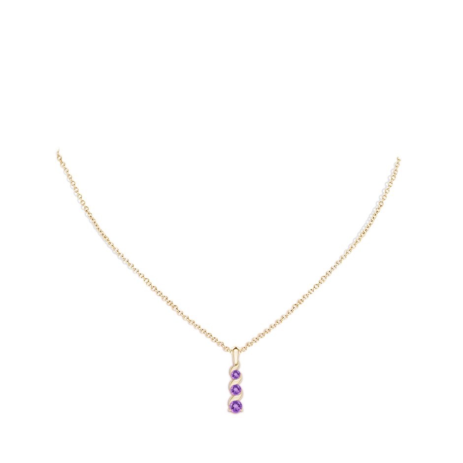 4mm A Channel-Set Round Amethyst Three Stone Journey Pendant in Yellow Gold body-neck