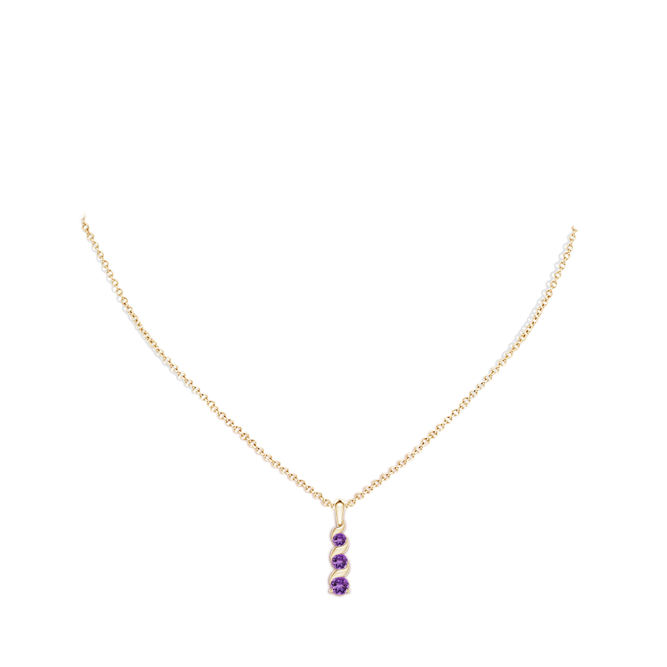 4mm AA Channel-Set Round Amethyst Three Stone Journey Pendant in Yellow Gold body-neck