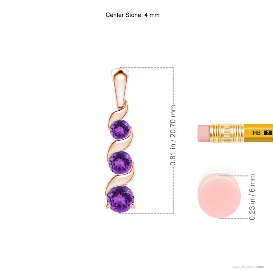 4mm AAA Channel-Set Round Amethyst Three Stone Journey Pendant in Rose Gold ruler