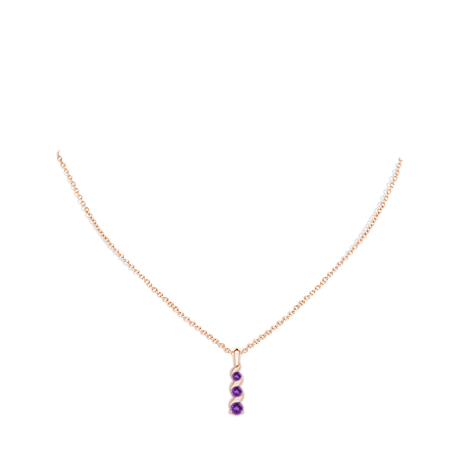 4mm AAA Channel-Set Round Amethyst Three Stone Journey Pendant in Rose Gold body-neck