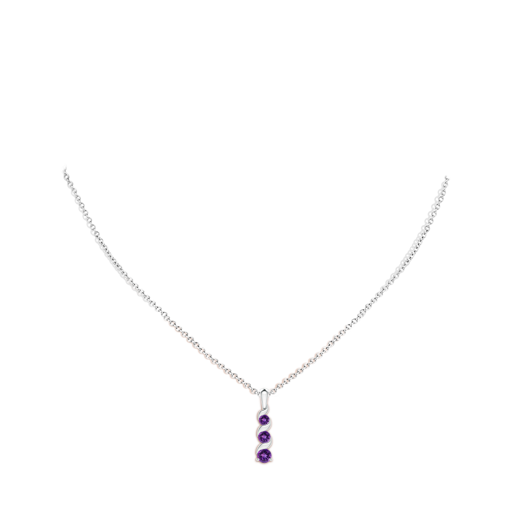4mm AAAA Channel-Set Round Amethyst Three Stone Journey Pendant in White Gold Body-Neck