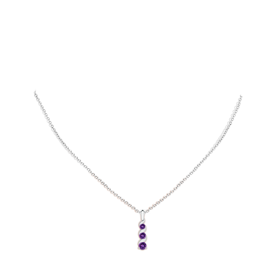 4mm AAAA Channel-Set Round Amethyst Three Stone Journey Pendant in White Gold body-neck