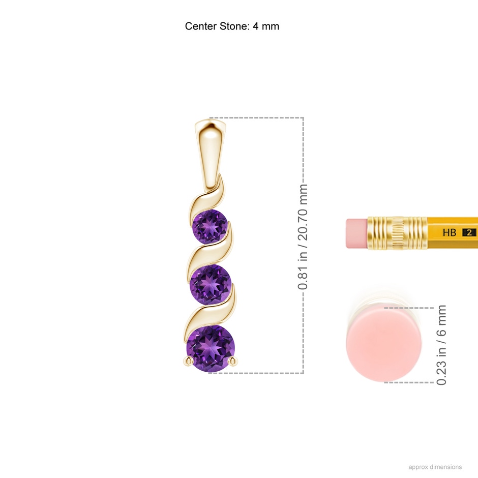 4mm AAAA Channel-Set Round Amethyst Three Stone Journey Pendant in Yellow Gold ruler