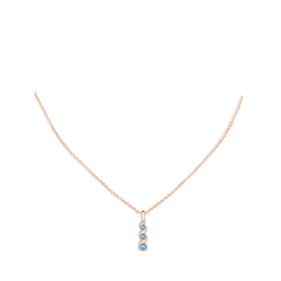 4mm AAAA Channel-Set Round Aquamarine Three Stone Journey Pendant in Rose Gold body-neck