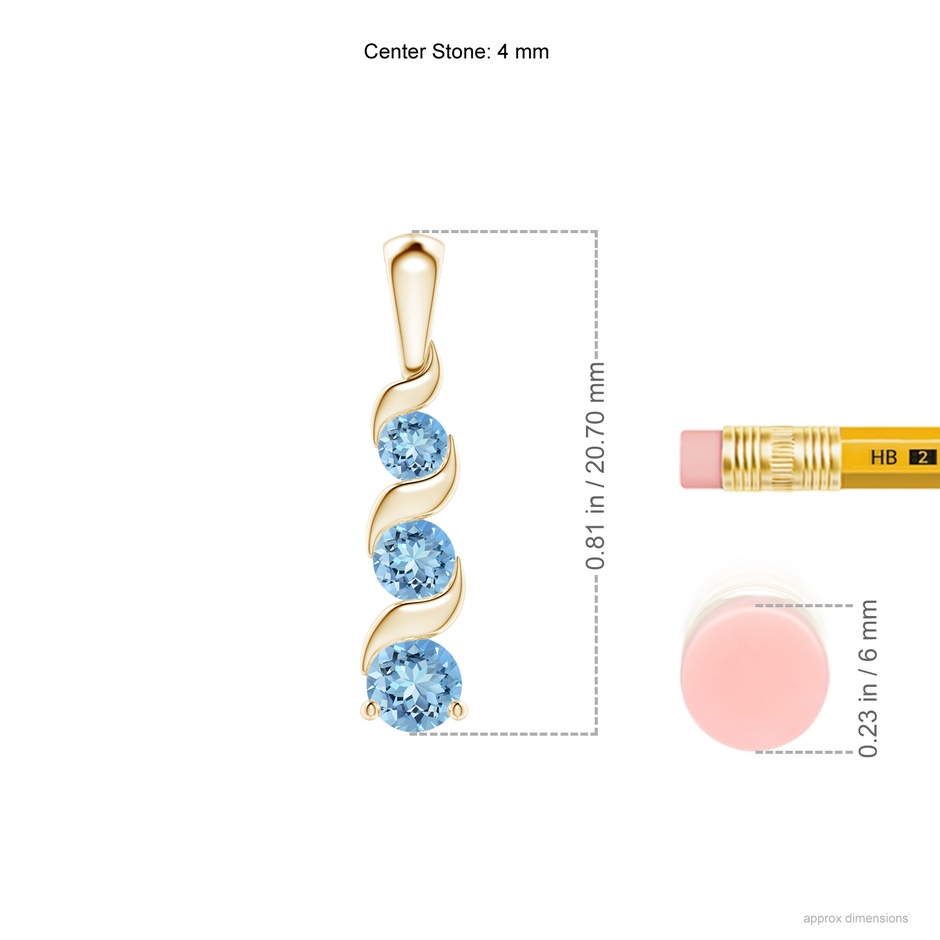 4mm AAAA Channel-Set Round Aquamarine Three Stone Journey Pendant in Yellow Gold ruler