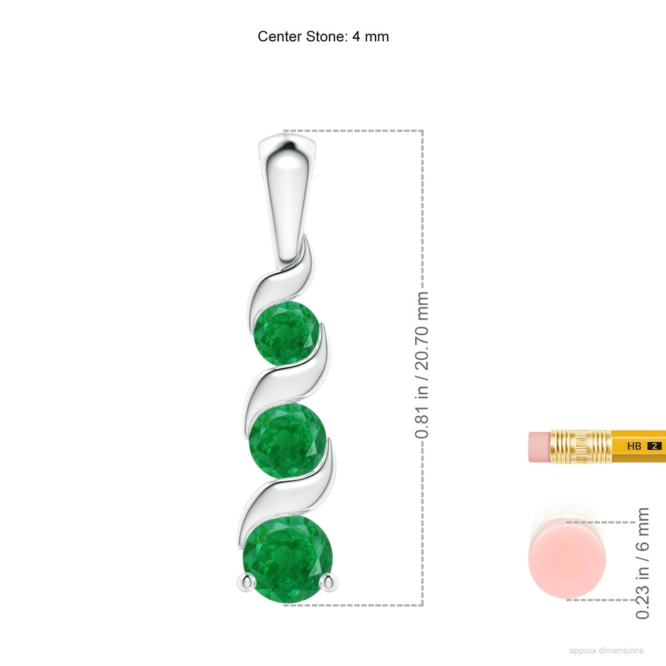 4mm AA Channel-Set Round Emerald Three Stone Journey Pendant in S999 Silver ruler