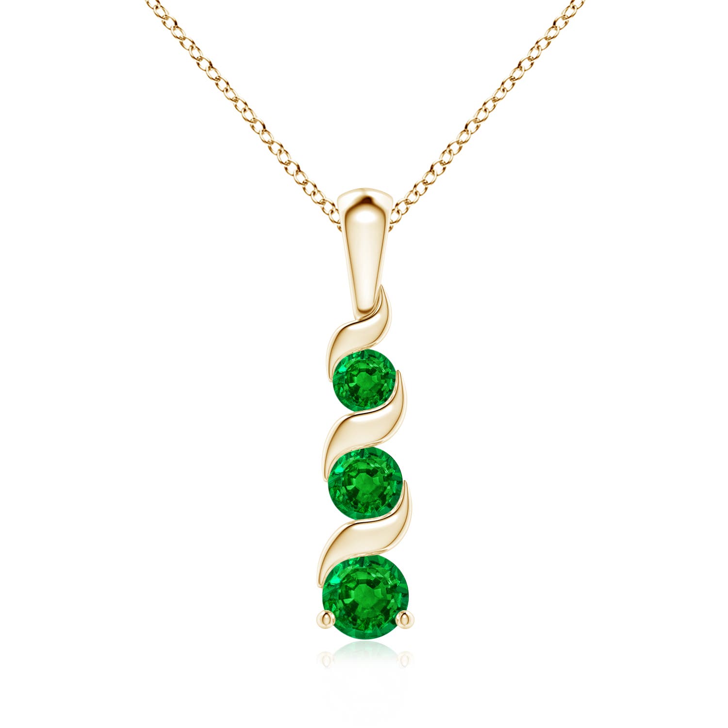 4mm AAAA Channel-Set Round Emerald Three Stone Journey Pendant in 18K Yellow Gold
