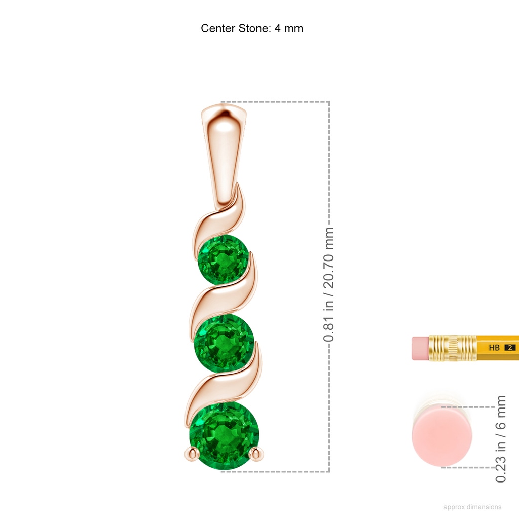 4mm AAAA Channel-Set Round Emerald Three Stone Journey Pendant in Rose Gold ruler