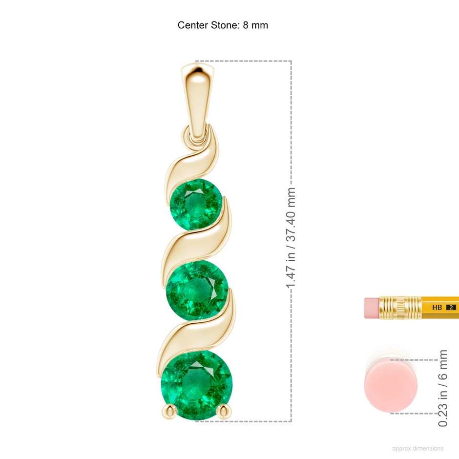 8mm AAA Channel-Set Round Emerald Three Stone Journey Pendant in Yellow Gold ruler