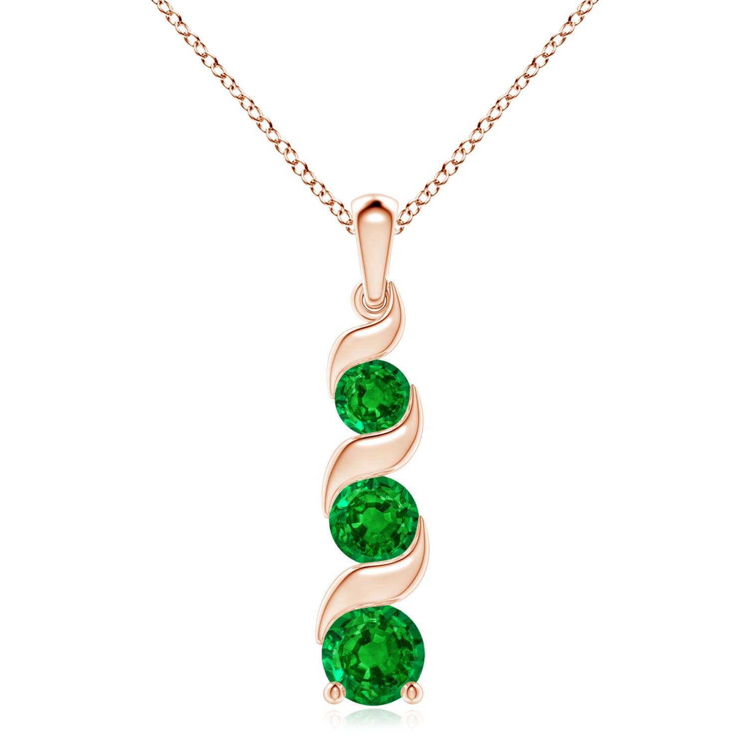 8mm AAAA Channel-Set Round Emerald Three Stone Journey Pendant in Rose Gold
