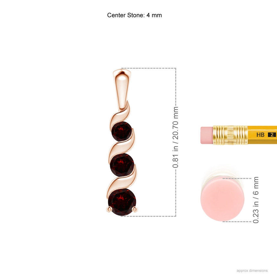 4mm A Channel-Set Round Garnet Three Stone Journey Pendant in Rose Gold ruler