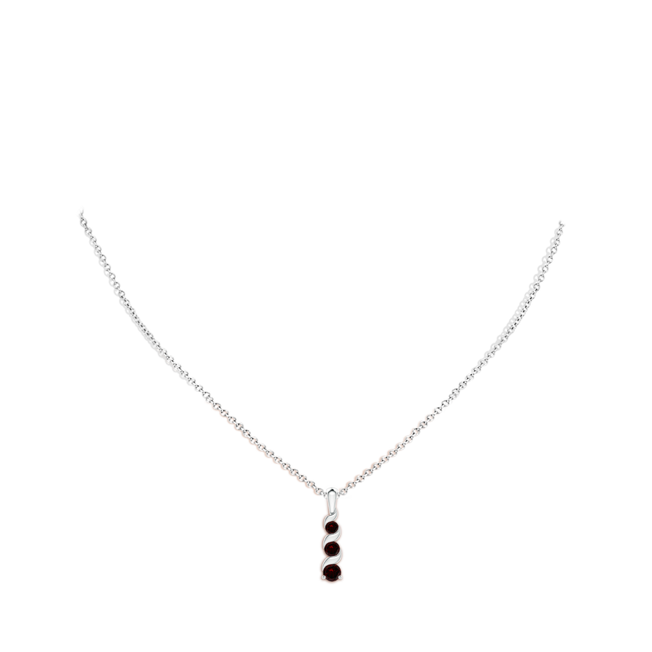 4mm A Channel-Set Round Garnet Three Stone Journey Pendant in White Gold body-neck