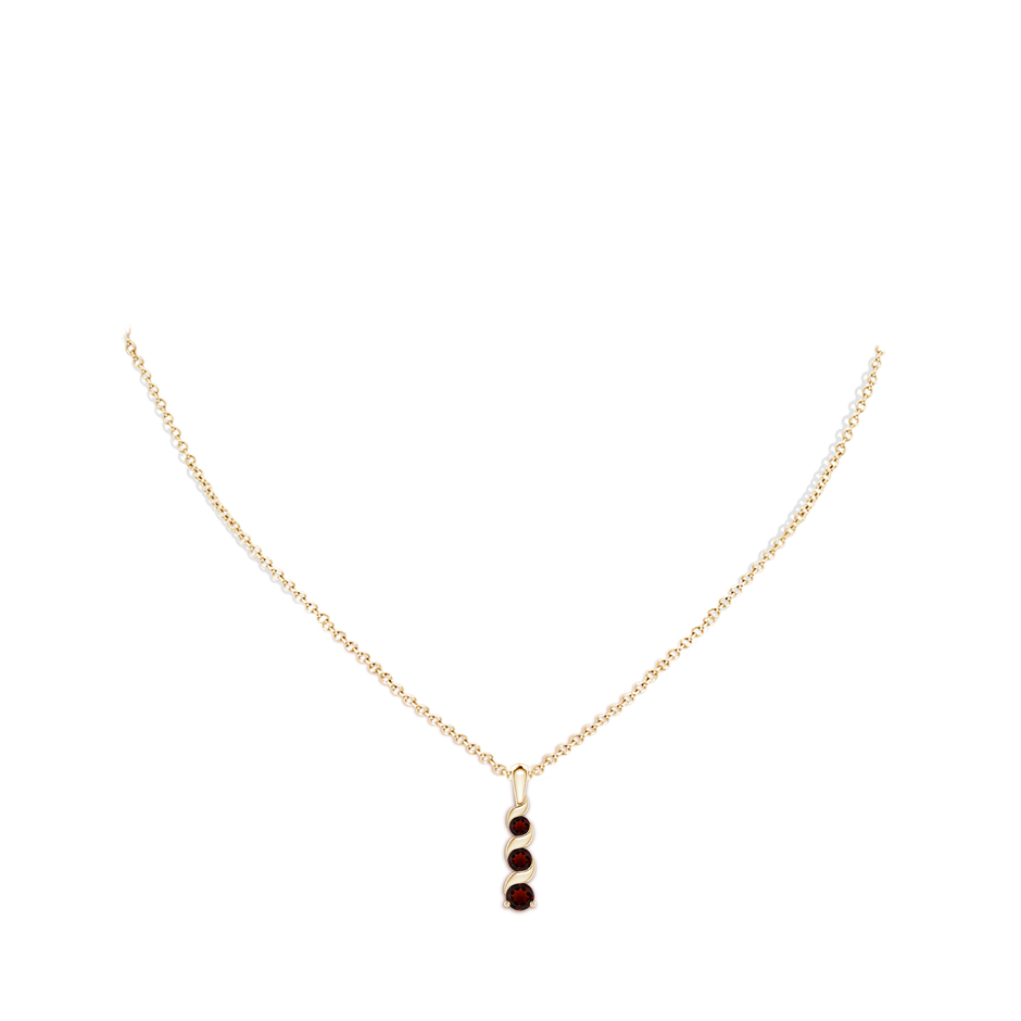 4mm AA Channel-Set Round Garnet Three Stone Journey Pendant in Yellow Gold body-neck