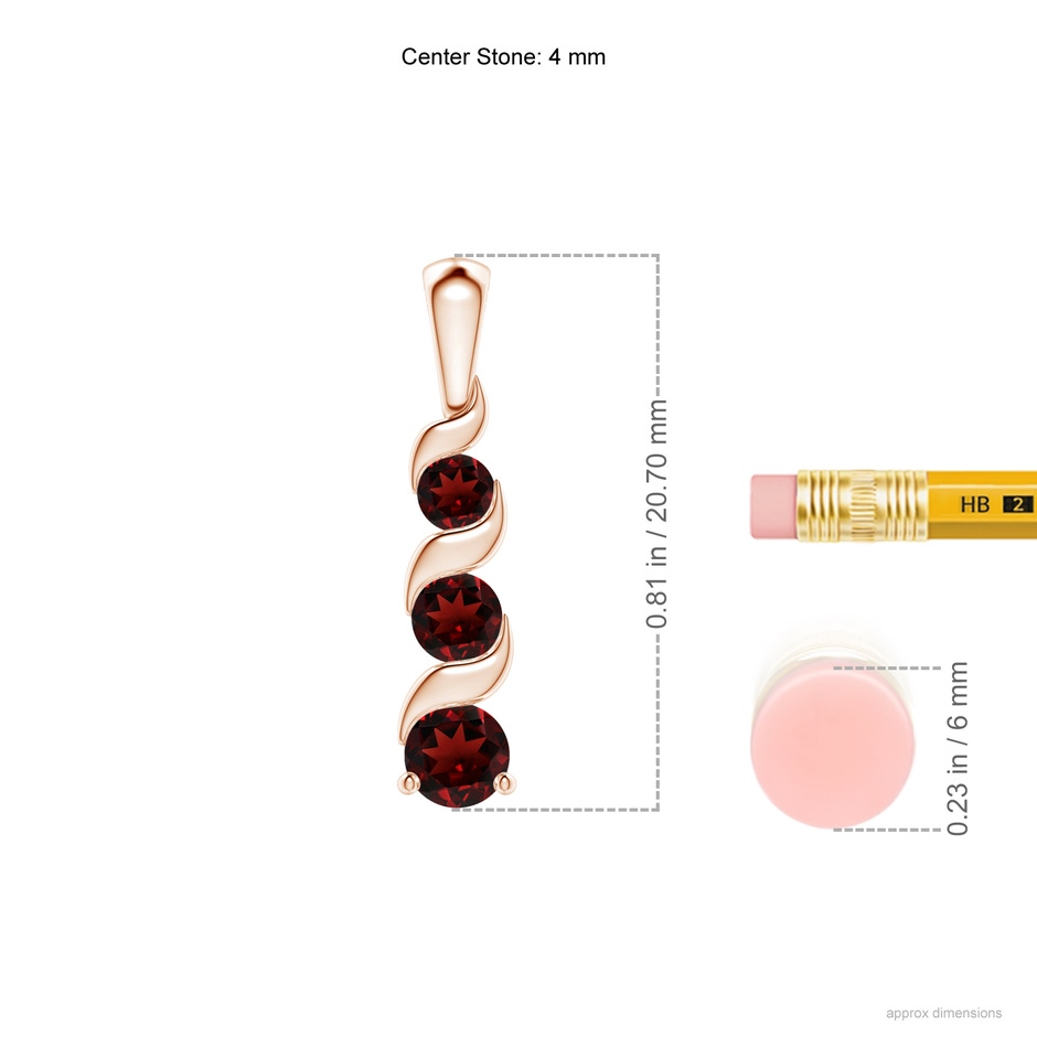 4mm AAA Channel-Set Round Garnet Three Stone Journey Pendant in Rose Gold ruler