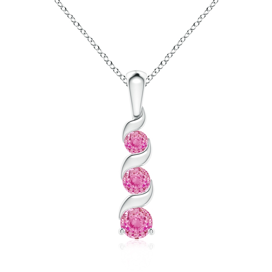 4mm AA Channel-Set Round Pink Sapphire Three Stone Journey Pendant in White Gold 