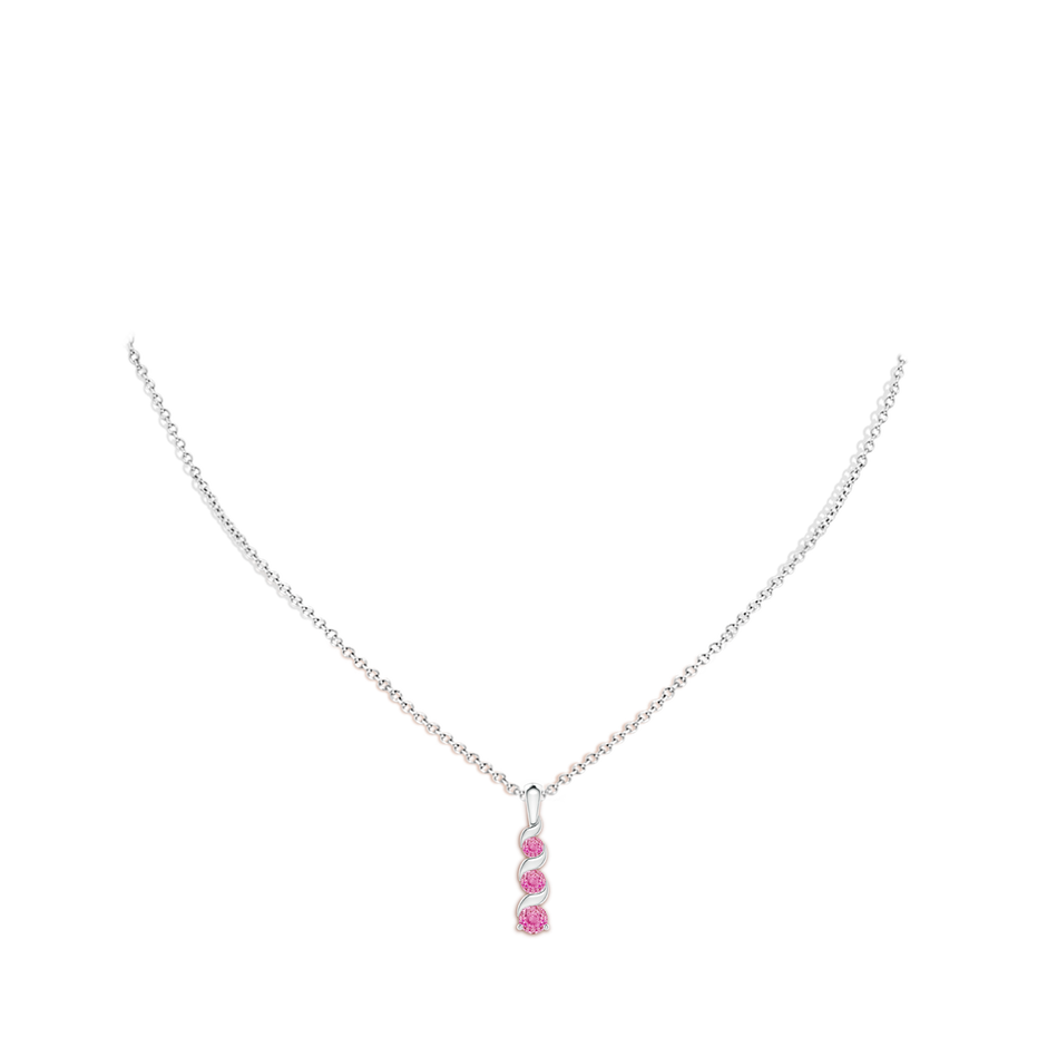 4mm AA Channel-Set Round Pink Sapphire Three Stone Journey Pendant in White Gold body-neck
