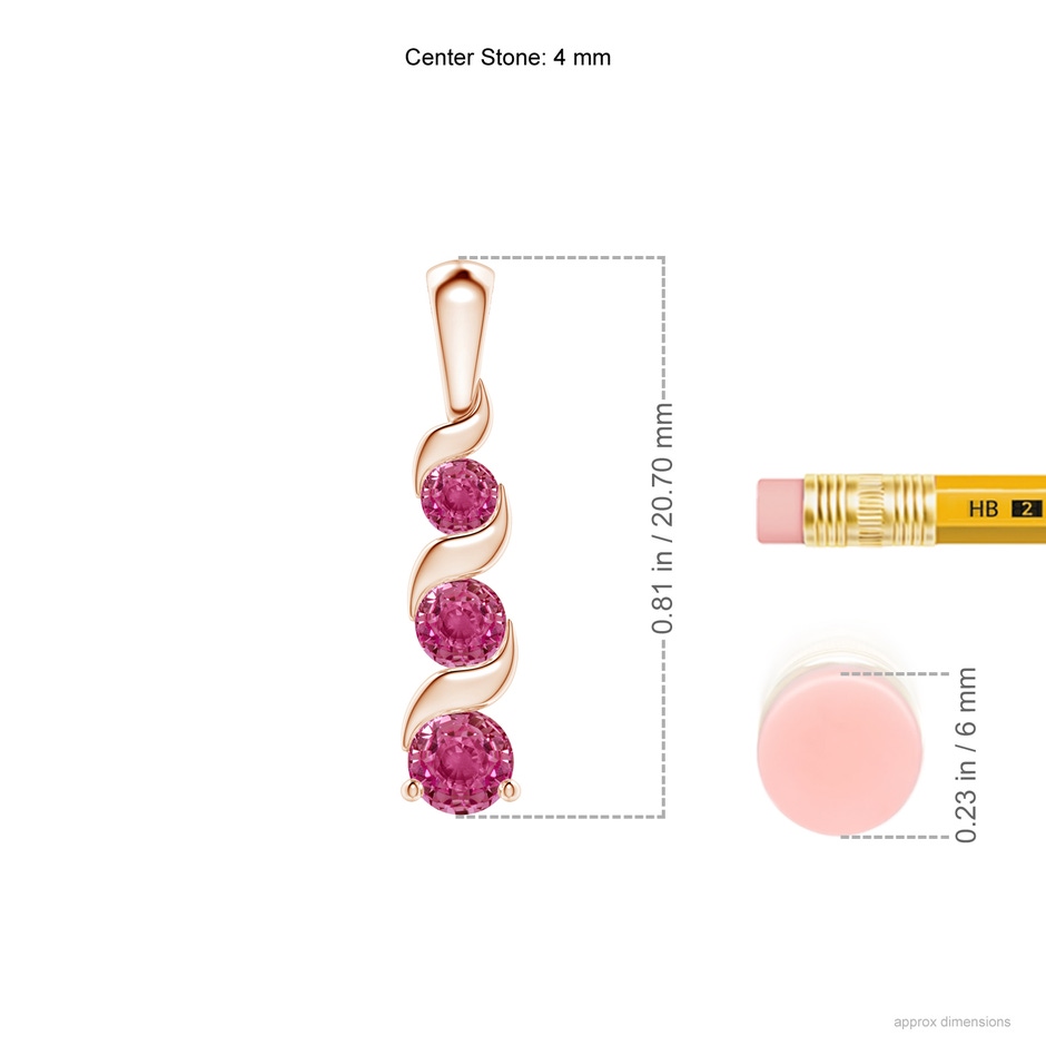 4mm AAAA Channel-Set Round Pink Sapphire Three Stone Journey Pendant in Rose Gold ruler