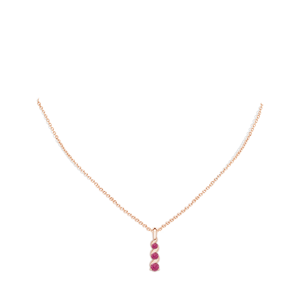 4mm AAAA Channel-Set Round Pink Sapphire Three Stone Journey Pendant in Rose Gold Body-Neck