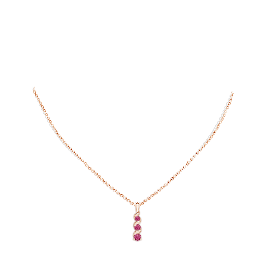 4mm AAAA Channel-Set Round Pink Sapphire Three Stone Journey Pendant in Rose Gold body-neck