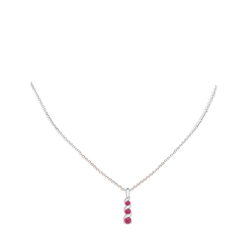4mm AAAA Channel-Set Round Pink Sapphire Three Stone Journey Pendant in White Gold Body-Neck