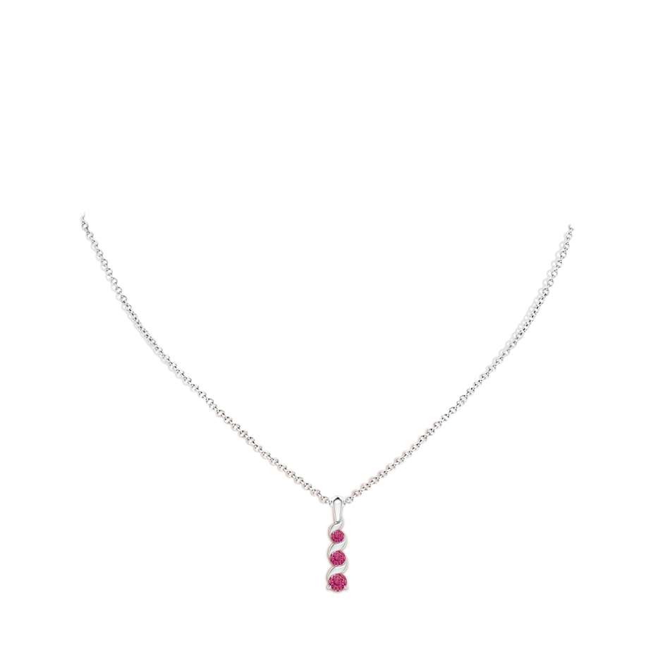 4mm AAAA Channel-Set Round Pink Sapphire Three Stone Journey Pendant in White Gold body-neck