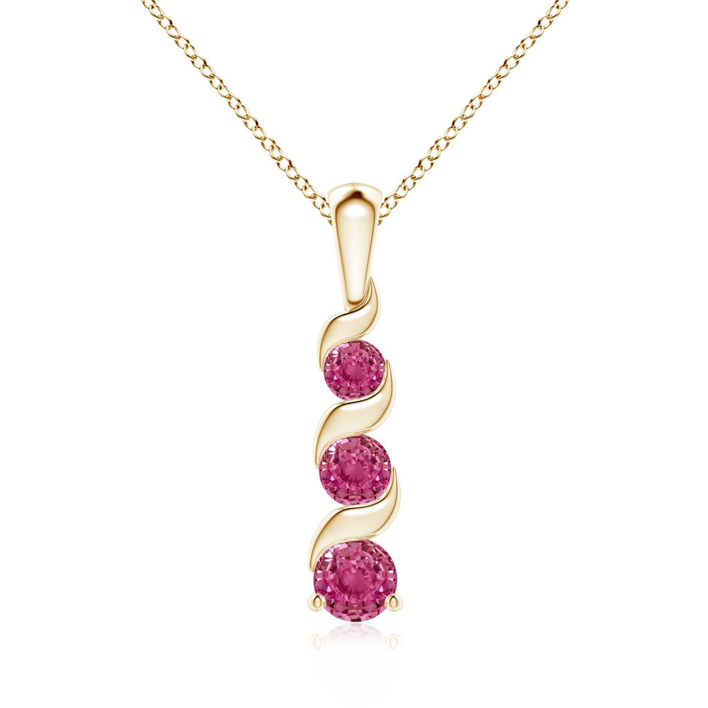4mm AAAA Channel-Set Round Pink Sapphire Three Stone Journey Pendant in Yellow Gold