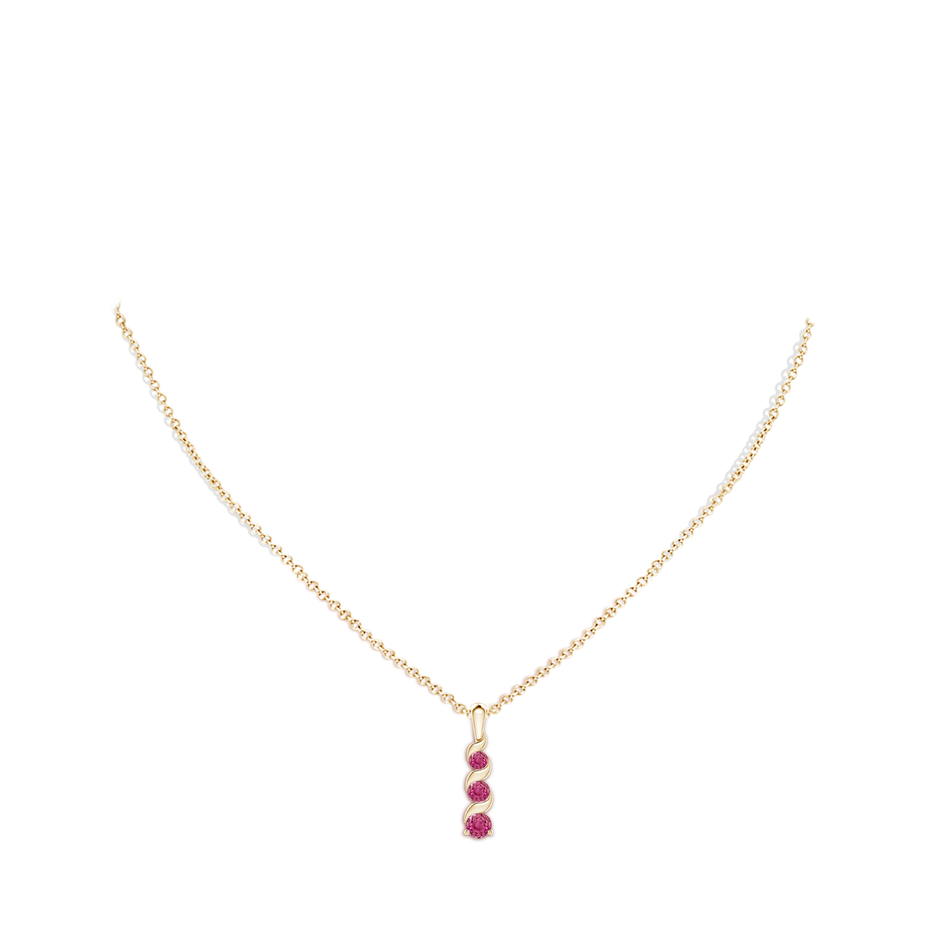 4mm AAAA Channel-Set Round Pink Sapphire Three Stone Journey Pendant in Yellow Gold body-neck