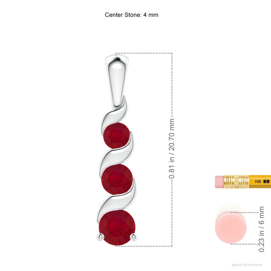 4mm AA Channel-Set Round Ruby Three Stone Journey Pendant in S999 Silver ruler