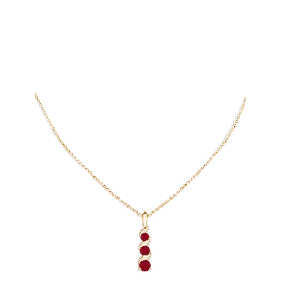 4mm AA Channel-Set Round Ruby Three Stone Journey Pendant in Yellow Gold pen