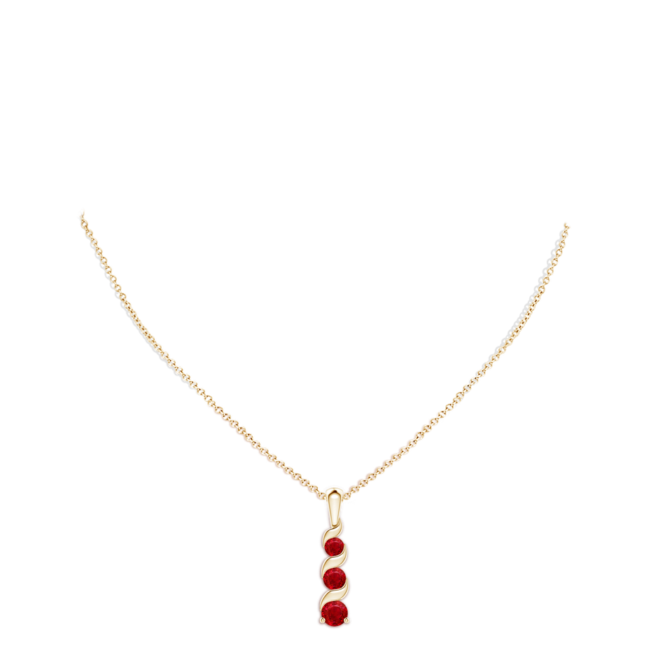 4mm AAA Channel-Set Round Ruby Three Stone Journey Pendant in 18K Yellow Gold pen