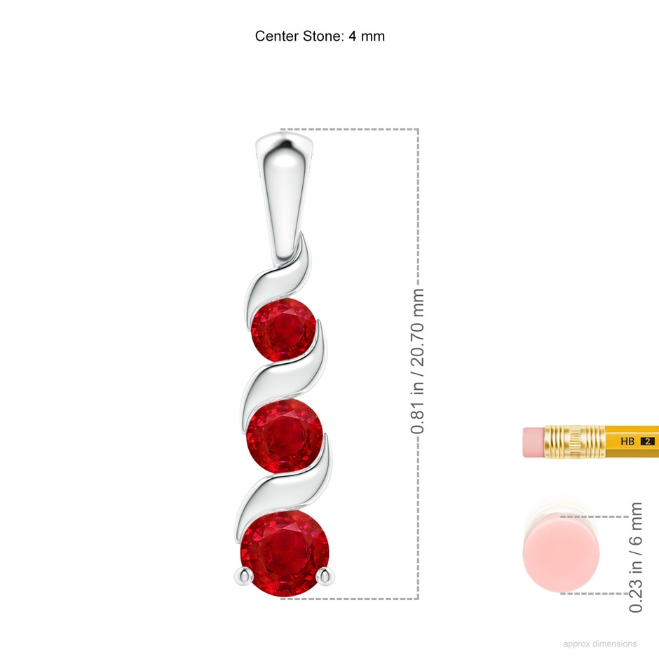 4mm AAA Channel-Set Round Ruby Three Stone Journey Pendant in S999 Silver ruler