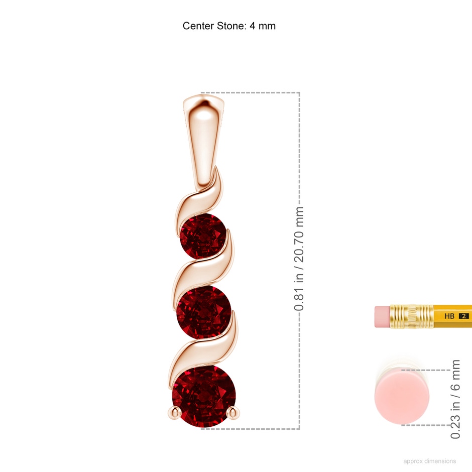 4mm AAAA Channel-Set Round Ruby Three Stone Journey Pendant in 18K Rose Gold ruler