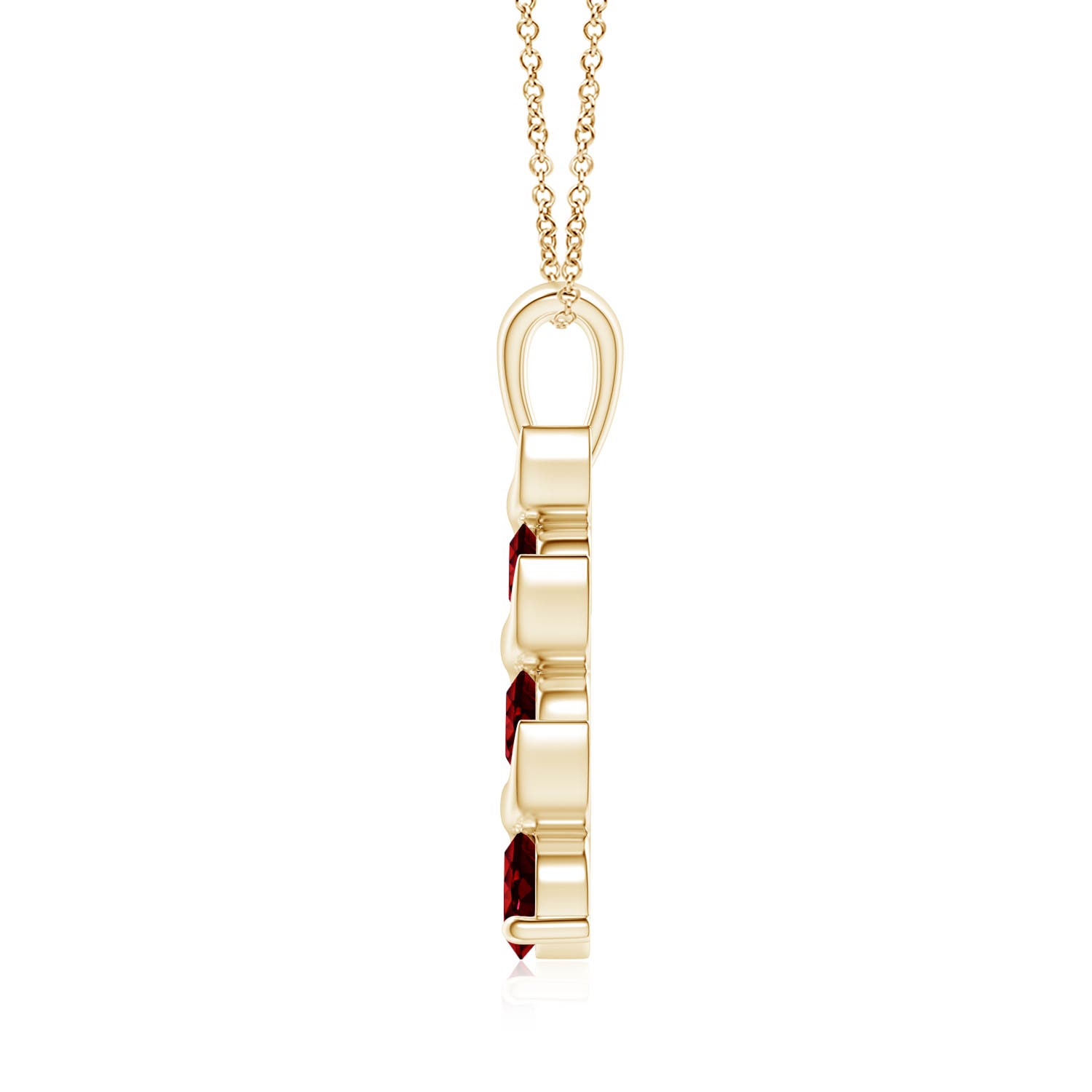 4mm AAAA Channel-Set Round Ruby Three Stone Journey Pendant in Yellow Gold - side 3