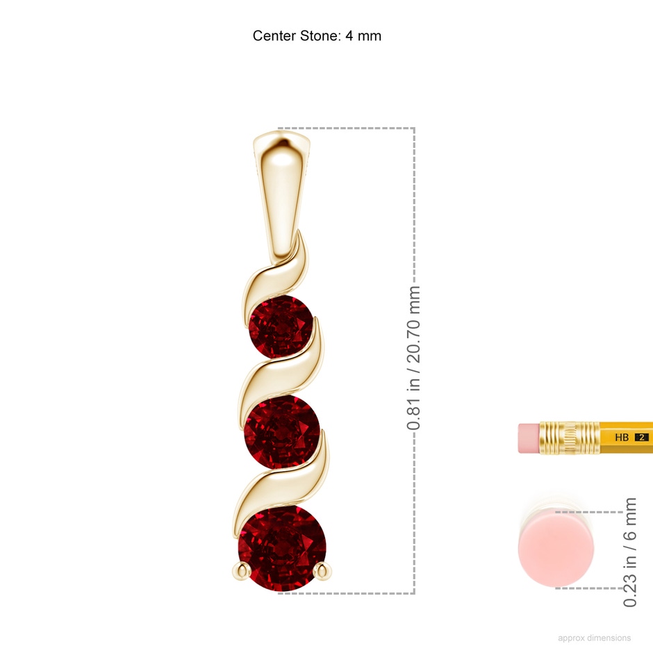 4mm AAAA Channel-Set Round Ruby Three Stone Journey Pendant in Yellow Gold ruler