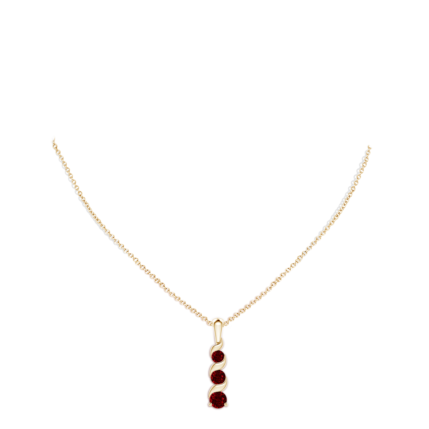 4mm AAAA Channel-Set Round Ruby Three Stone Journey Pendant in Yellow Gold - body_neck