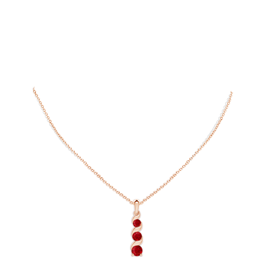 6mm AAA Channel-Set Round Ruby Three Stone Journey Pendant in Rose Gold pen
