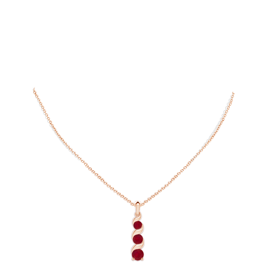 7mm AA Channel-Set Round Ruby Three Stone Journey Pendant in Rose Gold pen