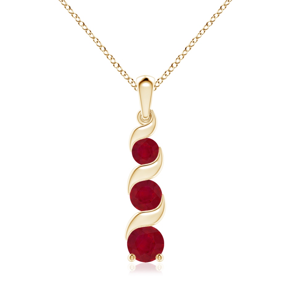 7mm AA Channel-Set Round Ruby Three Stone Journey Pendant in Yellow Gold 