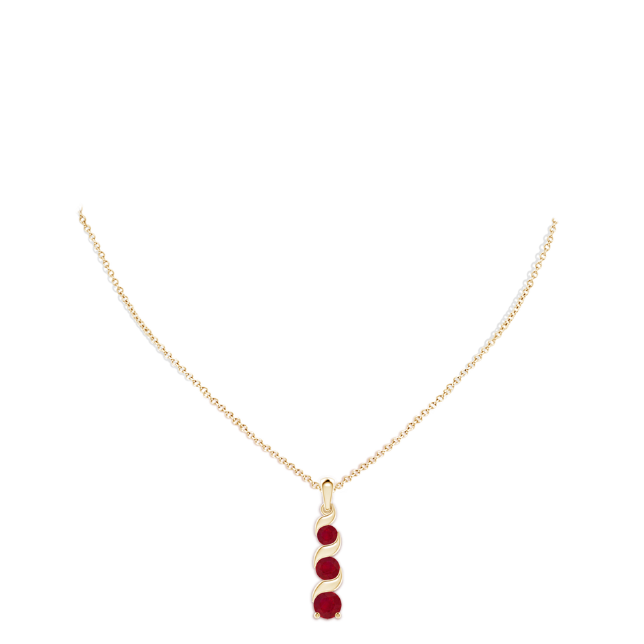 7mm AA Channel-Set Round Ruby Three Stone Journey Pendant in Yellow Gold pen